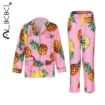 Ananas druku jedwab satyna piżamy piżamy zestaw piżamy z długim rękawem piżamy kostium kobiety sen 2szt zestaw Piżam plus size