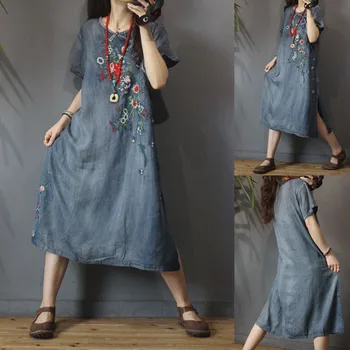 2020 lato nowy styl sztuki Kobiety z krótkim rękawem O-neck suknia kwiat haft vintage bawełna denim sukienki M201