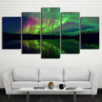 Drop Shipping HD Printed 5 Piece Canvas Art Aurora Lake Shadow Landscape Painting Wall Pictures for Living Room Modern