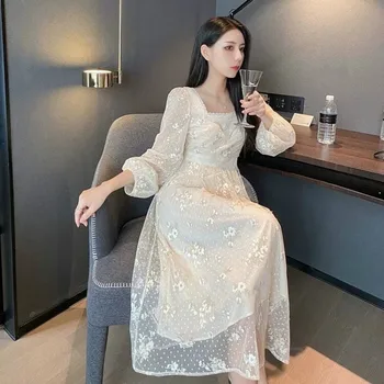Elegancki kwiat sukienka damska vintage retro wspaniały sukienka z długim rękawem haft koronki projektowe sukienka odzież Damska jesień 2020