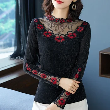 Jesień-zima luźny t-shirt kobiety eleganckie sexy błyszczące patchwork haftu topy Ropa Mujer plus rozmiar koszula trójniki 2020 T09535L