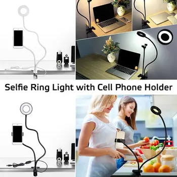 2-w-1 Uniwersalny telefon komórkowy leniwy uchwyt z LED Selfie Ring Light Live Stream dla iPhone telefon klip uchwyt uchwyt lampa stołowa