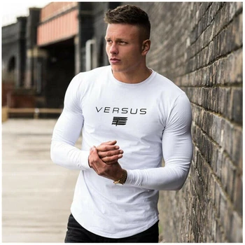 2019 Gyms Tight Cotton Long sleeve T-shirt Mens Fashion printing T-shirt Homme Gyms T Shirt Men Fitness Summer Tees Tops