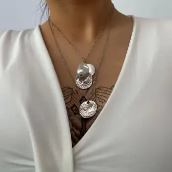SHIXIN sztuczne perły moneta wisiorki Naszyjnik dla kobiet moda długie wielowarstwowe obwody Vintage, naszyjnik dla kobiet moda biżuteria