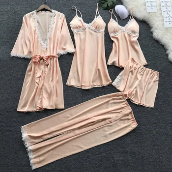 2020 nowe damskie piżamy 5 szt. zestawów jedwabny atlas stałe piżamy zestaw Sexy piżama z Pad koronki nocne stroje bielizna nocna odzież domowa