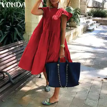 Codzienne stałe sukienka VONDA 2021 temat bawełniane faliste sukienki lato okrągły dekolt partii Vestidos Femme plażową sukienkę S-5XL szlafrok