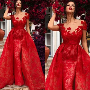 Z Krótkim Rękawem Czerwone Koronkowe Suknie Wieczorowe 2020 Syrena Sukienkę Długa Suknia Wymienny Pociąg Elegancka Sukienka Robe De Soiree