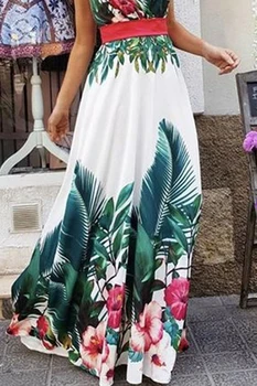 Kobieca Sukienka Lady Letni Wypoczynek Kwiatowy Print Plaża Boho Maxi V-Neck Wieczorna Impreza Sukienkę Bez Rękawów Wysoka Talia Odzież