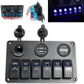 1 kpl. 6 Gang Car Marine Boat LED Rocker Switch Panel automatyczny wyłącznik+2 USB+woltomierz