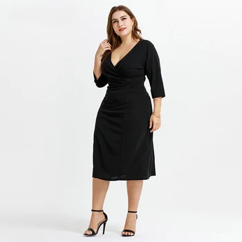2020 plus rozmiar sukienki jesień zawinąć pierś głębokie V-neck OL Commuter Sexy Black Slim Party Dress retro Kobiecy klub długa sukienka