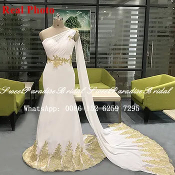 2020 Prawdziwe Zdjęcia Mermaid Suknia Ze Złotymi Aplikacjami Serpentyn Kobiety Na Jedno Ramię Biały Długi Bal Suknia Ślubna