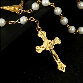 48 szt. Hurtownia biała perła okrągły złoty biały perłowy Maryja katolicki różaniec łańcucha naszyjnik 6 mm