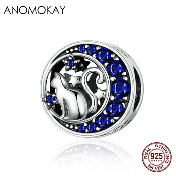 Anomokay prawdziwe srebro 925 ciemno-niebieski CZ Księżyc z niegrzeczny kot Pet zawieszenia fit bransoletka S925 Srebrny okrągły koralik DIY biżuteria