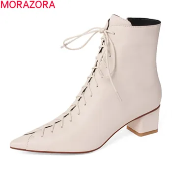 MORAZORA 2020 skóra naturalna buty miód obcasy ostre toe buty damskie Moda koronki proste botki dla kobiet