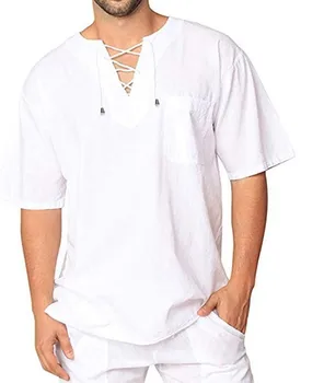 2019 nowe męskie casual V-neck bandaż t-shirt short rękaw t-shirty męskie, letnie białe lniane bawełniane koszulki topy