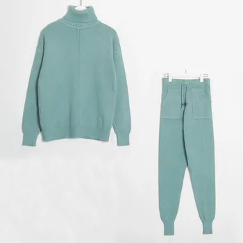 Dwuczęściowy kostium damski cienki, jednolity pełny rękaw golf bluzki długie spodnie 2020 nowy Jesień Zima moda przypływ
