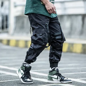 11 BYBB ciemne multi-pocket hip-hop spodnie mężczyźni elastyczny pas spodnie casual biegaczy temat taśmy spodnie-cargo spodnie sportowe
