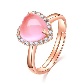 Bague Ringen serce klejnot stworzony różowy kwarc Różowy regulowany pierścień 925 srebro biżuteria dla kobiet ślub