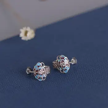 Nowe srebrne szkliwo niebieskie kolczyki chiński styl retro piwonia kwiat mała grupa Projekt, elegancki, kobiecy urok starszy marka biżuterii