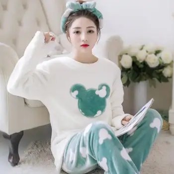 Zestaw z dwóch części, dla kobiet, jesień i zima z długimi rękawami koral polar piżamy dla kobiet zima gruba koreańskiej flanela domowy strój