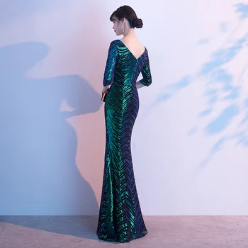Yin wei AE0241 suknia wieczorowa długa połysk Nowy Zielony V-neck kobiety eleganckie cekiny Trąbka Maxi suknia wieczorowa