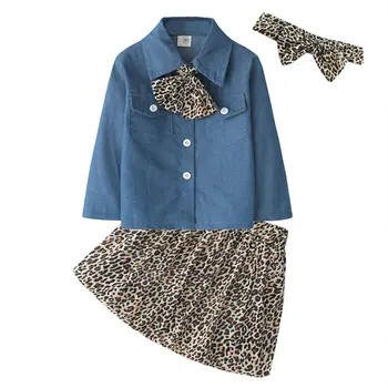 AiLe Rabbit 2018 summer new girls fashion suit imitacja denim koszule koszula leoparda krótka spódnica z dwóch części
