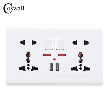 Coswall Wall Power Socket Double Universal 5 Hole Switched Outlet 2.1 A Dual USB Charger Port LED indicator 146mm*86mm Gold