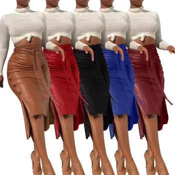 2020 Jesień Zima sztuczna skóra spódnica eleganckie kobiety wysokiej talii nieregularne przycisków Split Bodycon spódnica 5 kolorów