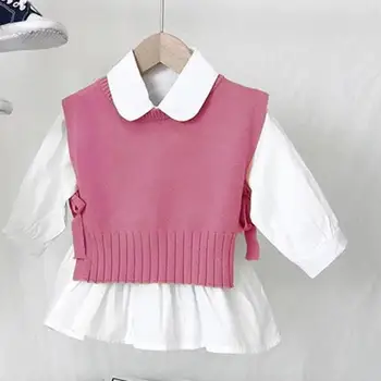 2021 moda jesień dziewczyny ubrania na drutach kamizelka+koszula z długim rękawem 2 szt. odzież Dziecięca komplet