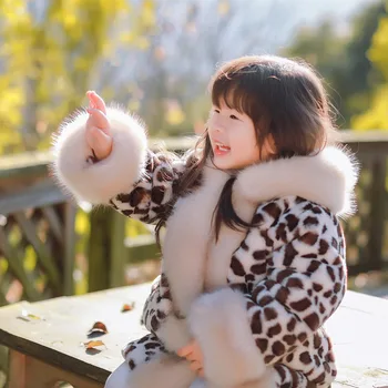 PPXX moda Leopard zima dziewczynka futro długa kurtka z kapturem parku dzieci sztuczny Króliczego futra Dzieci plus size