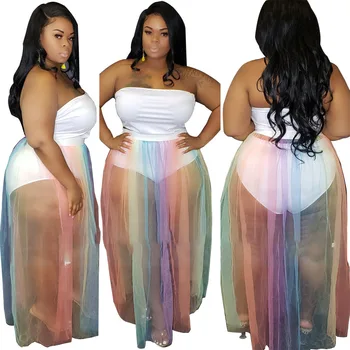 Adogirl Plus Size XL-5XL Women Two Piece Set Dress bez ramiączek body Sheer Mesh Rainbow Stripe Maxi spódnica Party Suit