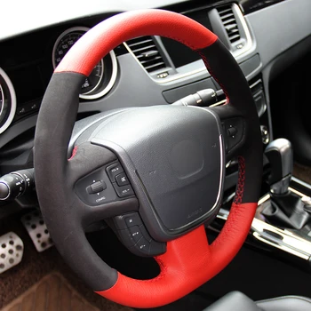 Czerwona skóra naturalna czarny zamsz pokrywa kierownicy samochodu Peugeot 508