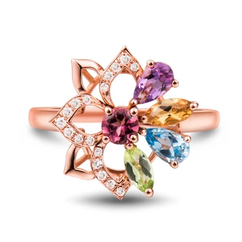 LOVERJEWELRY kolorowe turmalin, peridot, ametyst, topaz pierścień obecnie 14 K różowe złoto naturalny diament piękne dekoracje dla dziewczynki