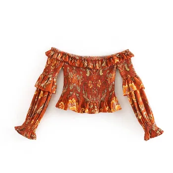 2019 Czech Ruched elastyczny Slash szyi kwiatowy print koszula z długim rękawem kobiety pomarańczowy elastyczny pas szerokie spodnie 2 szt zestaw