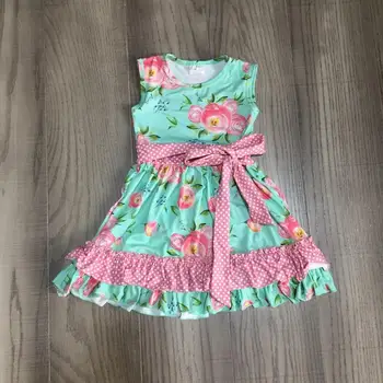 Baby girls clothes girls summer floral dress with belt girls aqua dress hurtowych