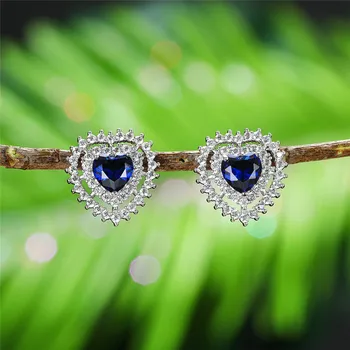 Luksusowe Damskie Niebieskie Kolczyki Serca Moda Kolor Srebrny Kolczyki Pręta Dla Kobiet Kryształ Miłość Romantyczna Ślubne Kolczyki