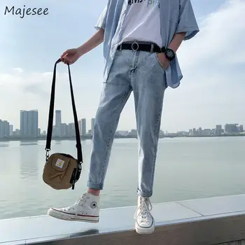 Męskie dżinsy o długości do kostki elastyczny denim slim ołówek koreański styl wypłukane spodnie uniwersalne męskie bezpośrednie plus rozmiar wypoczynek moda