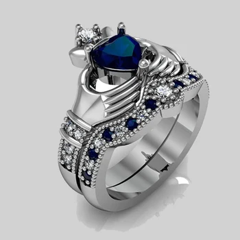 Wysokiej jakości akcent niebieski cz niebieskie serce cyrkonia ślubna pierścień obietnica zestaw Claddagh irish 925 srebrny pierścień