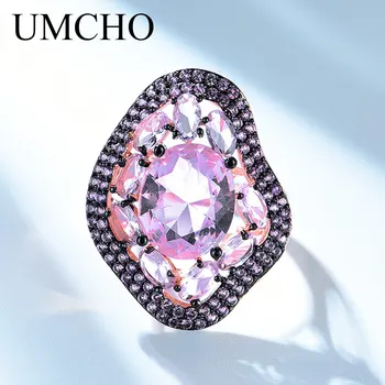 UMCHO 925 Silver Created Różowy Morganite Rings for Women Stackable Wedding Statement Sterling Silver Fine Jewelry