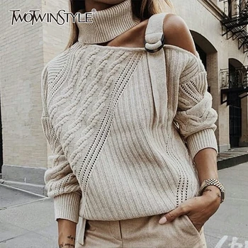 TWOTWINSTYLE Elegany asymetryczny sweter damski golf z długim rękawem hollow, nieregularne paski dziane swetry dla kobiet