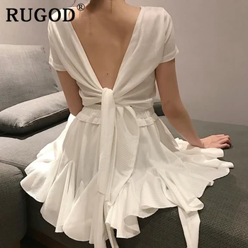 RUGOD Sexy lace up white skirt suit women 2019 koreański elegancki krótki styl bluzki i falbanki mini spódniczka damska letnia odzież