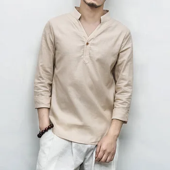 Chiński tradycyjny, V-neck, lniana bluzka casual mężczyźni plus rozmiar trójnik top z długim rękawem Kung-Fu t-shirt Tang garnitur Ханфу strój