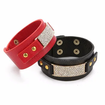 LOULEUR Europe Luxury Crystal Big Leather Bracelet Simple All-Match OL Red Black Wide Bracelet For Women Wristhand Jewelry Gifts