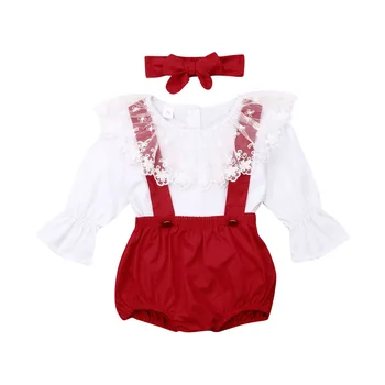 Boże narodzenie Baby Girl ubrania koronki wzburzyć Fly rękaw top t-shirt Czerwony bib spodnie, opaska na głowę stroje odzież Dziecięca zestaw 0-24 m