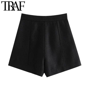 TRAF Women Chic Fashion With Metal Button Tweed Bermuda Shorts Vintage High Waist Side Zipper damskie krótkie spodnie Mujer