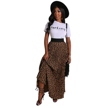 Leopard print długa Maxi Plisowana spódnica i koszulka z word print zestaw z dwóch części letnie kobiety długa spódnica zestaw odpowiednie zestawy
