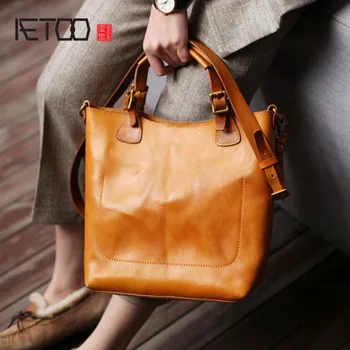 Teksturowane portfolio AETOO, damska retro-brytyjska torba ręcznie ze skóry wołowej, prosta skórzana torba na ramię