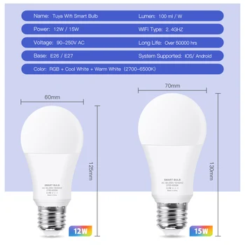 12W, 15W WiFi Smart Light Bulb E27 LED RGB Lamp praca z Alexa/Google Assistant RGB+White+WW Dimmable Timer Tuya Smart Life Bulb
