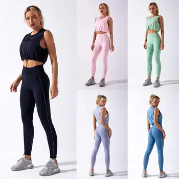 Bezszwowe strój do jogi Sznurek Top Fitness Pant Women Sportswear Set Crop Shirt Legging High Waist Gym Running Wear Clothes,ZF708