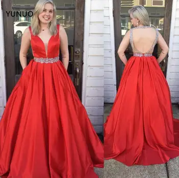 YUNUO czerwone sukienki z kieszeniami długie iluzji głęboki dekolt linkę suknia wieczorowa podłogi długość satynowa suknia